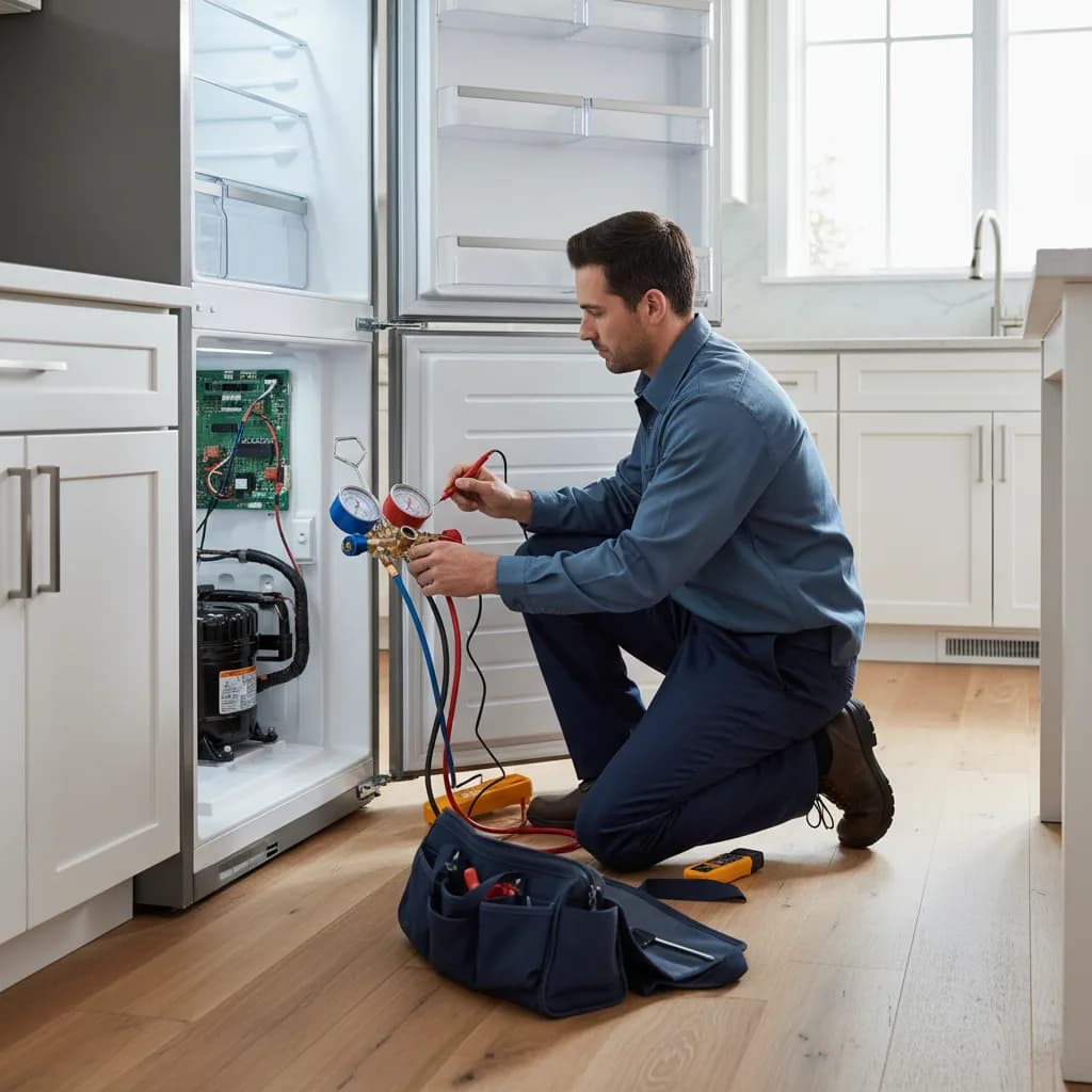 US Pro Repair technician servicing a refrigerator